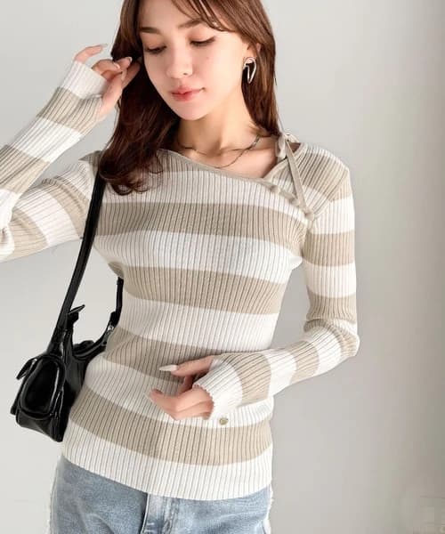 ブルベ夏/ブルベ冬服 リボン結び細リブ柔らかニット