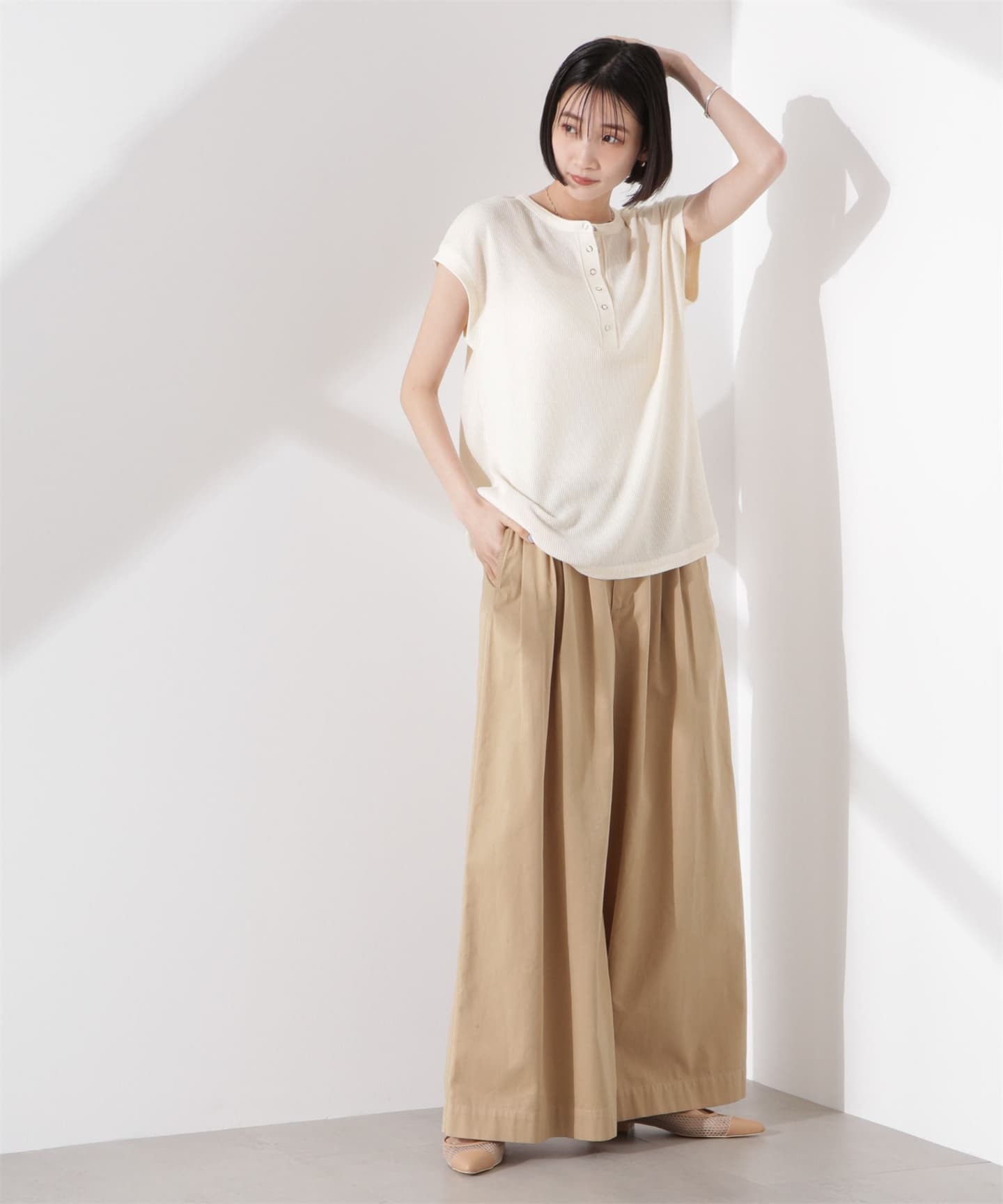 ブルベ夏/ブルベ冬服 涼やかワッフル編みヘンリーネックＴシャツ