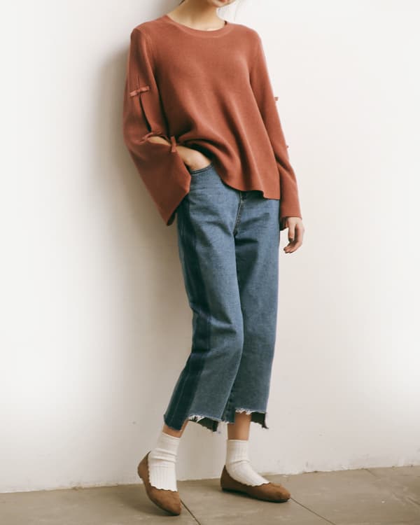 ブルベ夏/ブルベ冬服 袖リボン装飾ゆったりニット