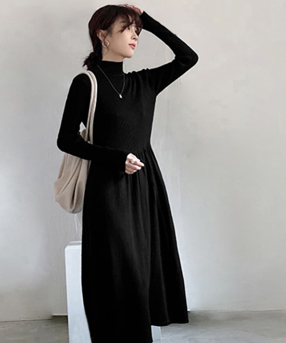 ブルベ冬服 ハイネックニットワンピース膝丈切り替え長袖