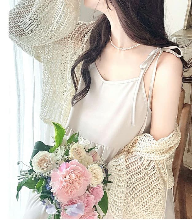 ブルベ夏/ブルベ冬服　肩リボン付きティアードキャミソールワンピース