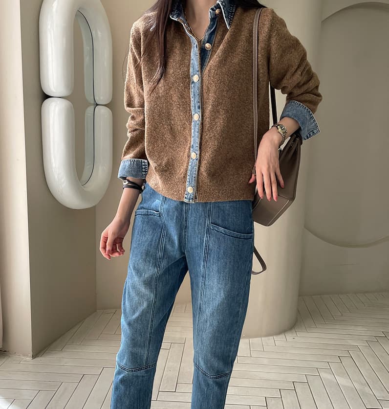 ブルベ夏/ブルベ冬服　配色デニム襟ニットカーディガンシャツ