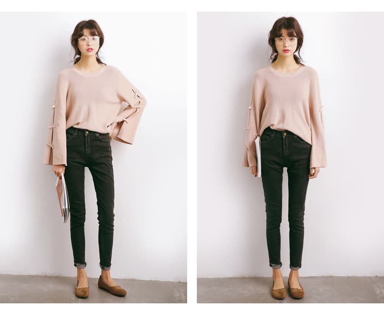 ブルベ夏/ブルベ冬服 袖リボン装飾ゆったりニット