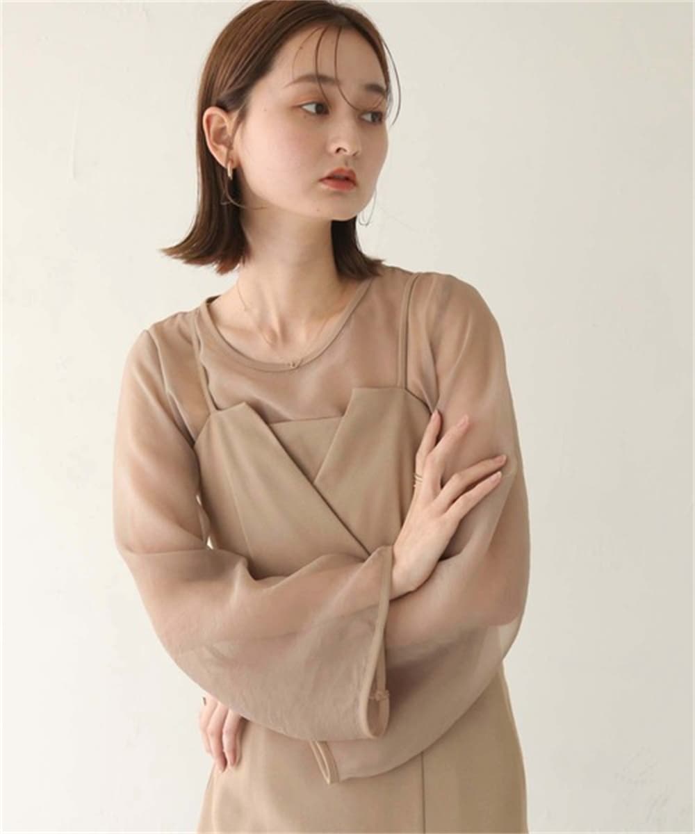 ブルベ夏服 シアー袖レイヤードロングワンピース