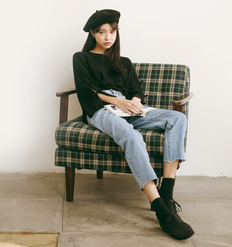 ブルベ夏/ブルベ冬服 袖リボン装飾ゆったりニット