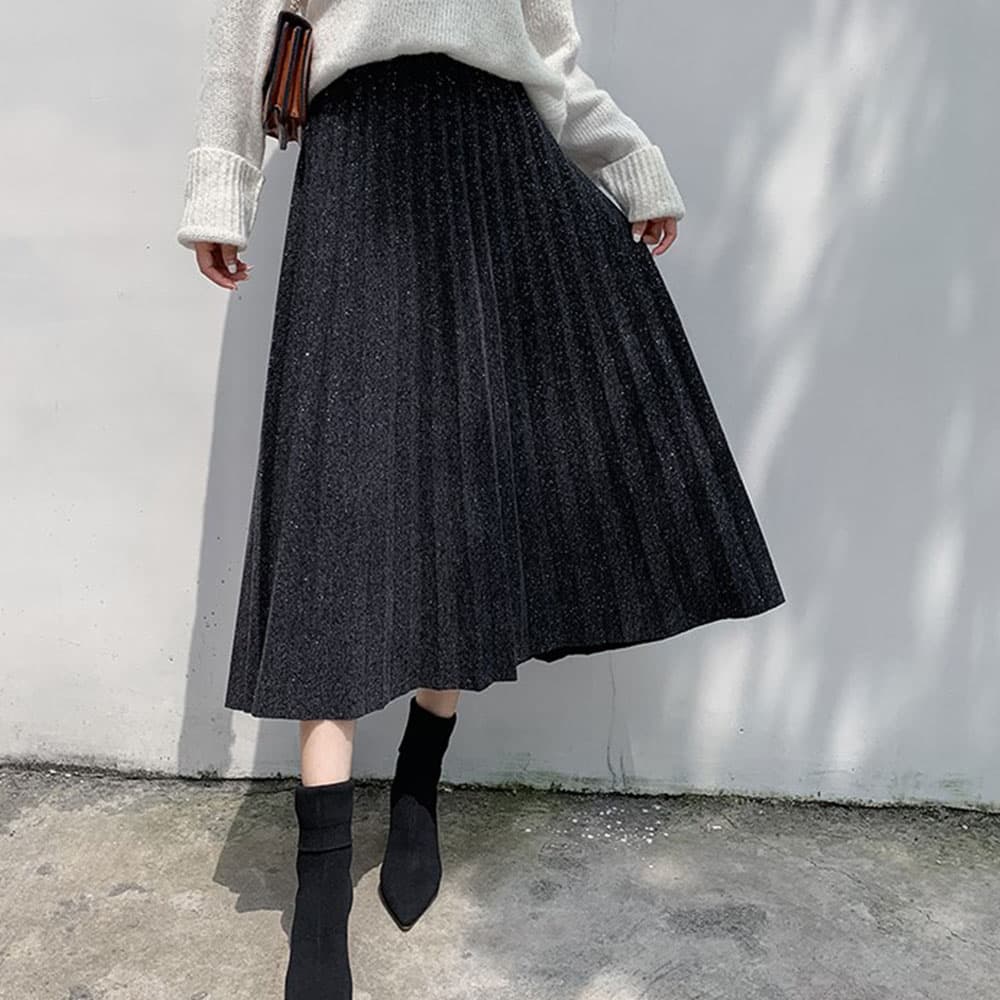 ブルベ夏/ブルベ冬服 ラメ入りプリーツスカート ウエストゴム ミディアム丈