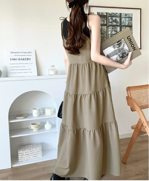 ブルベ夏/ブルベ冬服　肩リボン付きティアードキャミソールワンピース