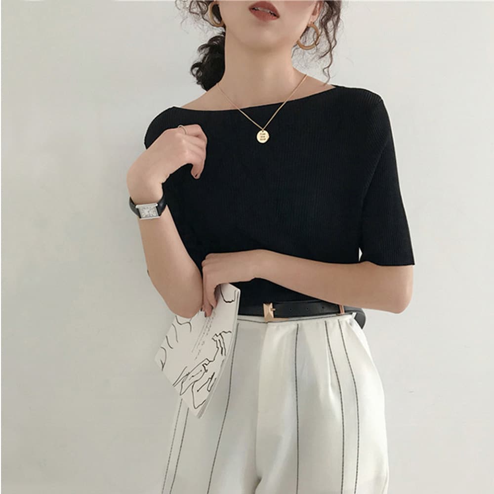 ブルベ夏/ブルベ冬服 ブルベ映え リブニット ボートネック Tシャツ