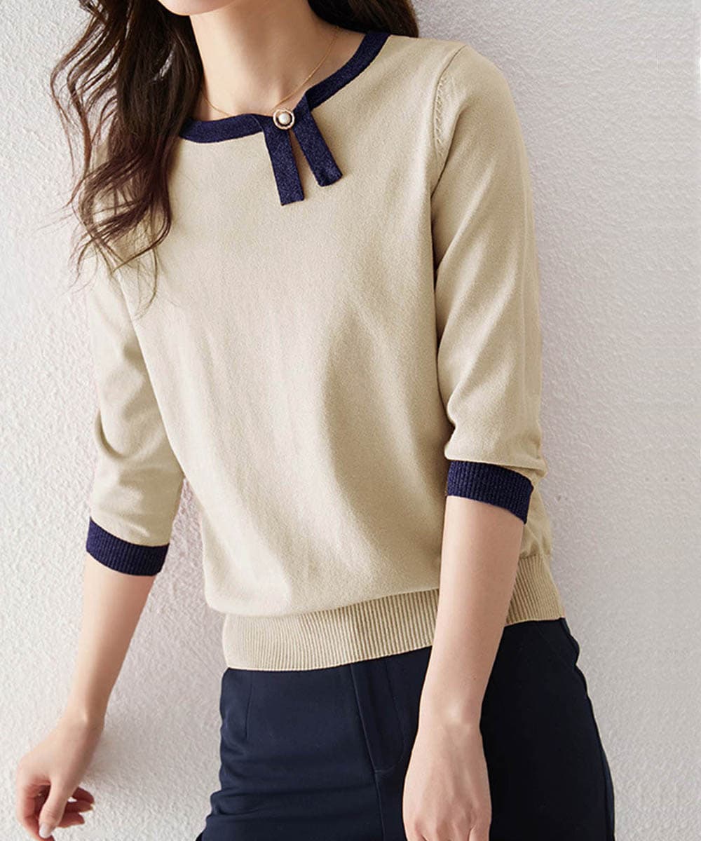 ブルベ夏/ブルベ冬服 配色リボン付き七分袖ニット