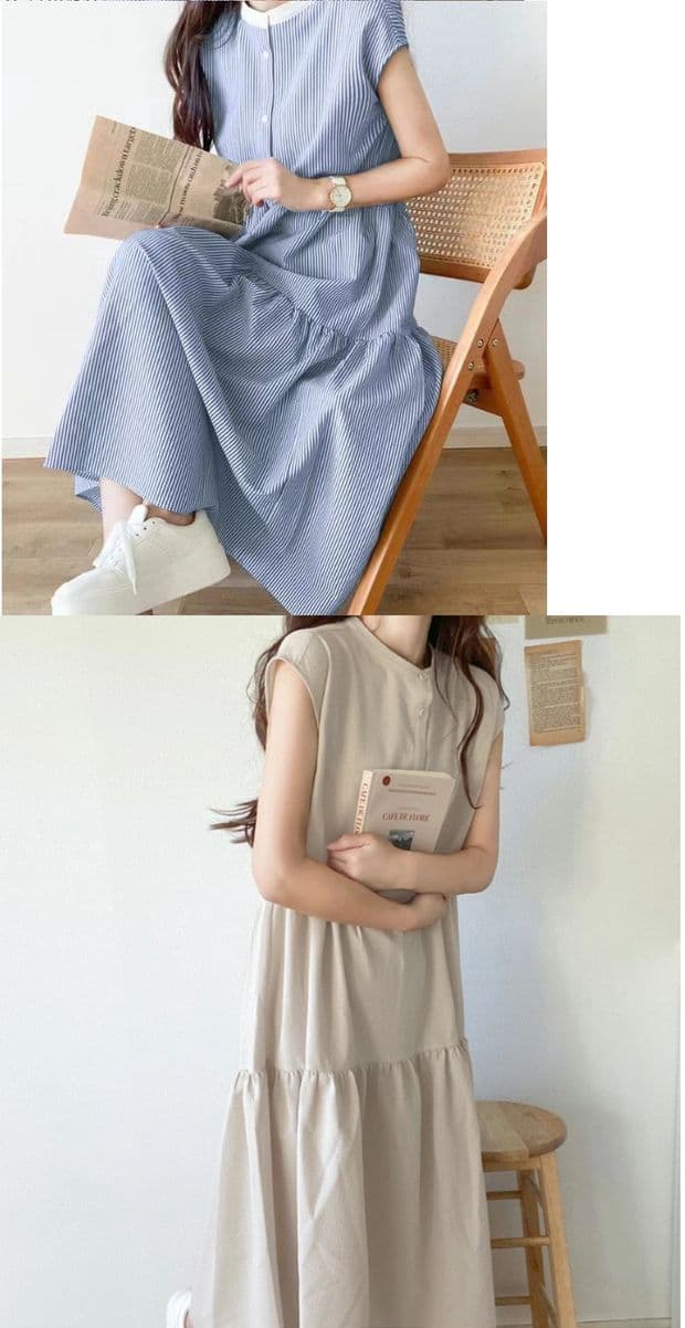 ブルベ夏/ブルベ冬服 爽やか縦縞ティアードワンピース