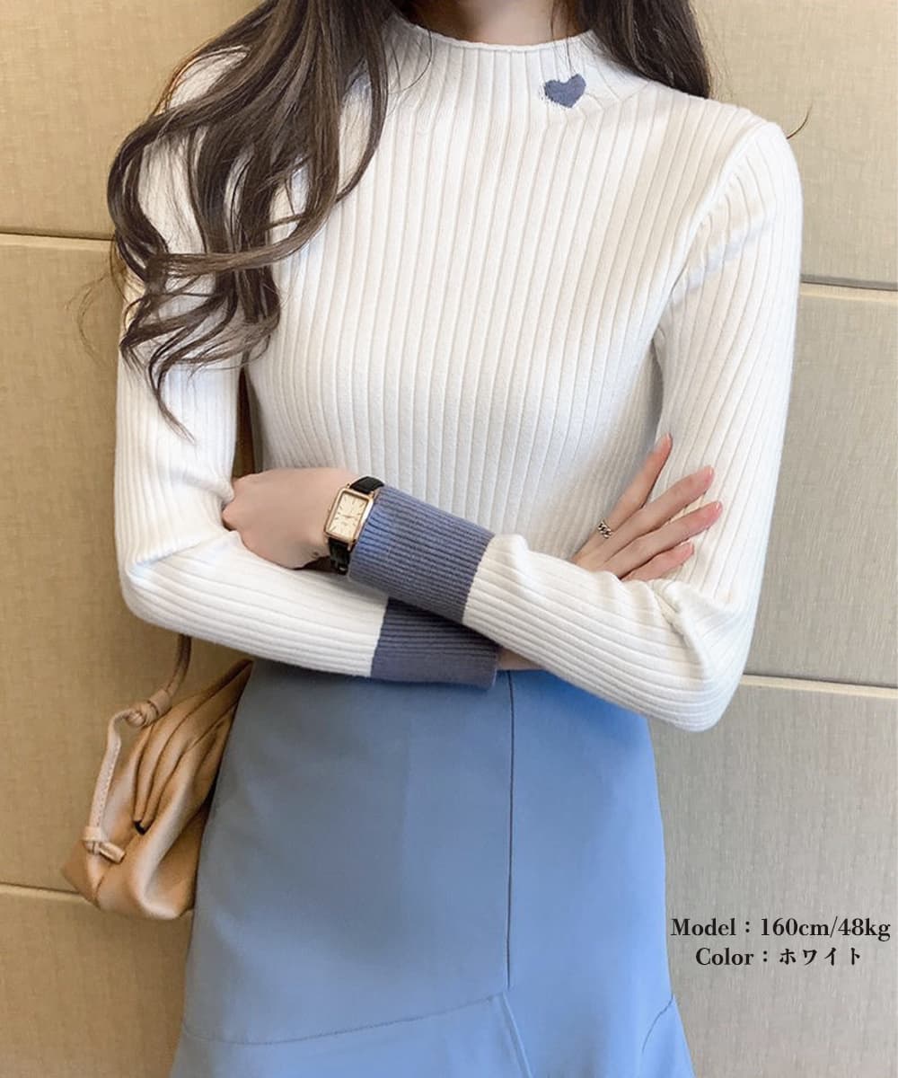 ブルベ夏/ブルベ冬服 ハート刺繍ニット プチハイネック配色袖
