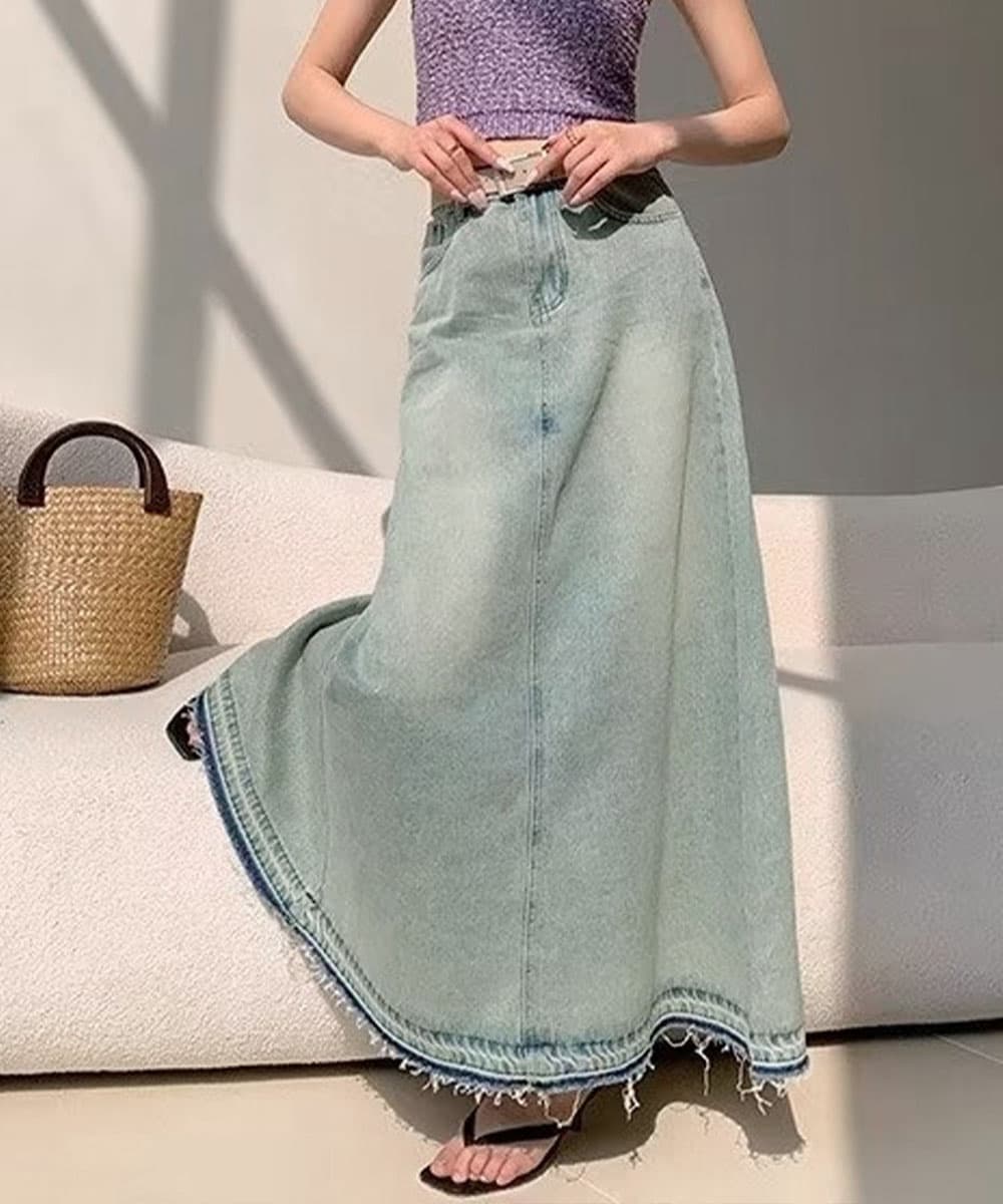 ブルベ夏/ブルベ冬服  切りっぱなし裾フリンジ長丈デニムスカート 韓国風