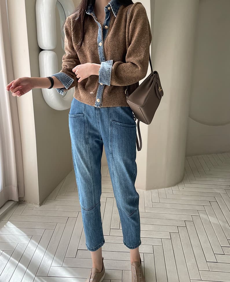 ブルベ夏/ブルベ冬服　配色デニム襟ニットカーディガンシャツ