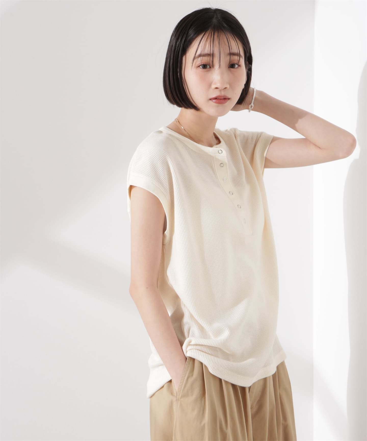 ブルベ夏/ブルベ冬服 涼やかワッフル編みヘンリーネックＴシャツ
