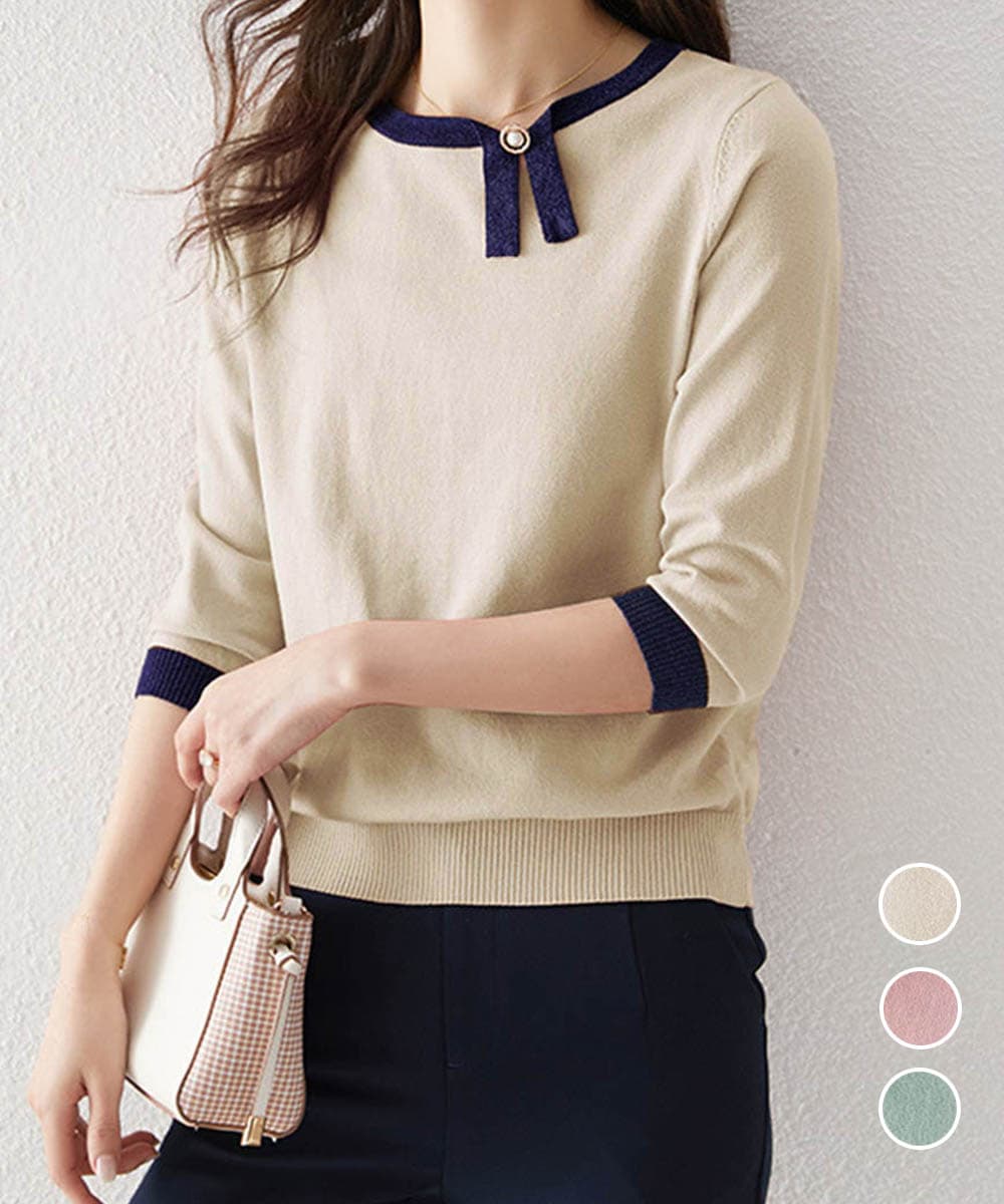ブルベ夏/ブルベ冬服 配色リボン付き七分袖ニット