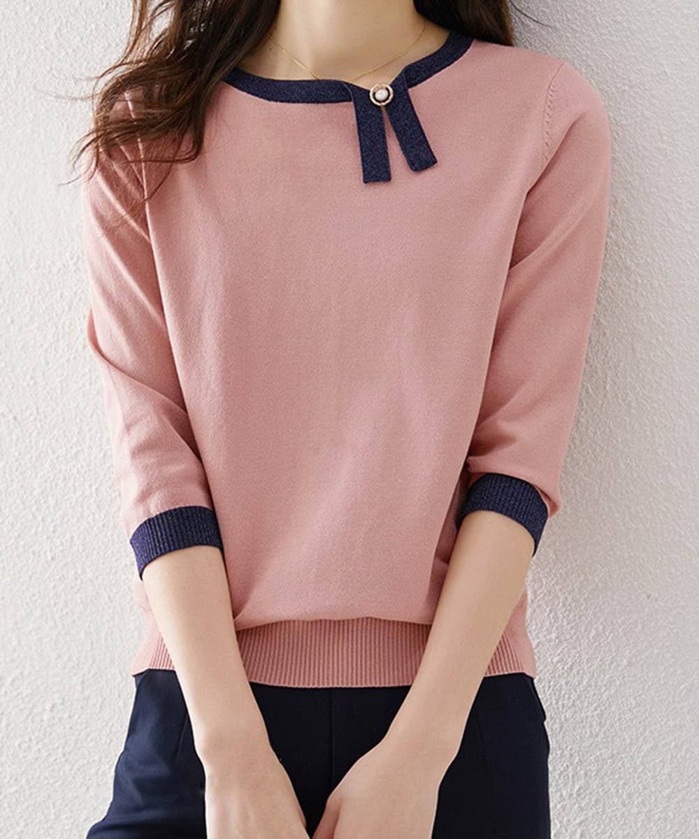 ブルベ夏/ブルベ冬服 配色リボン付き七分袖ニット