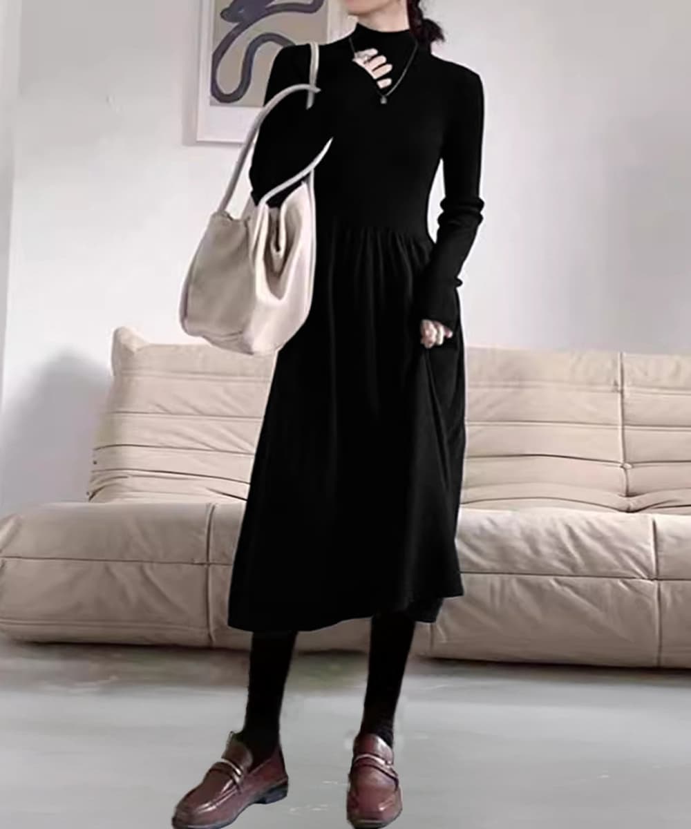 ブルベ冬服 ハイネックニットワンピース膝丈切り替え長袖