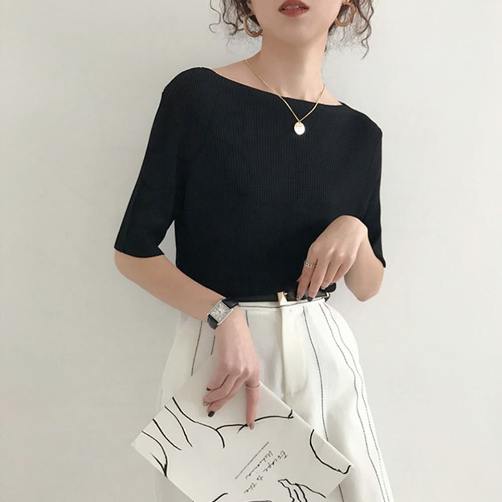 ブルベ夏/ブルベ冬服 ブルベ映え リブニット ボートネック Tシャツ