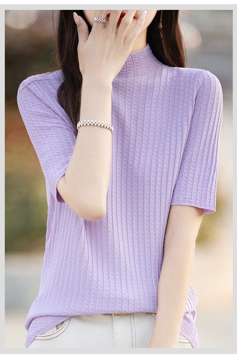 ブルベ夏/ブルベ冬服　 縦リブ編みモックネック半袖ニットトップス