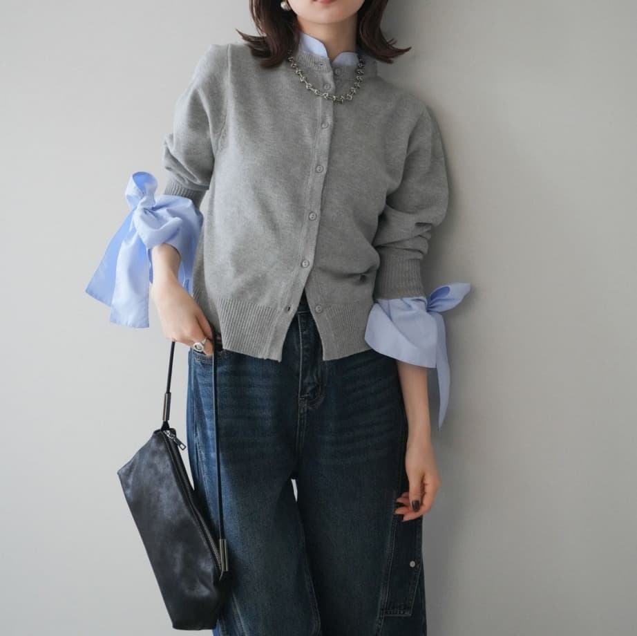 ブルベ夏/ブルベ冬服　リボン切り替えニットカーディガン重ね着風