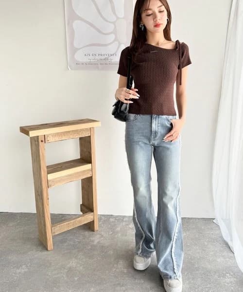 ブルベ夏/ブルベ冬服 リボンネックケーブル編みニット