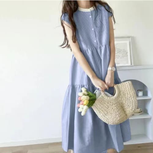 ブルベ夏/ブルベ冬服 爽やか縦縞ティアードワンピース