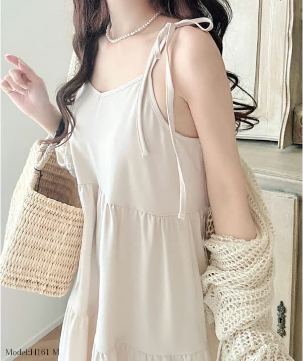 ブルベ夏/ブルベ冬服　肩リボン付きティアードキャミソールワンピース