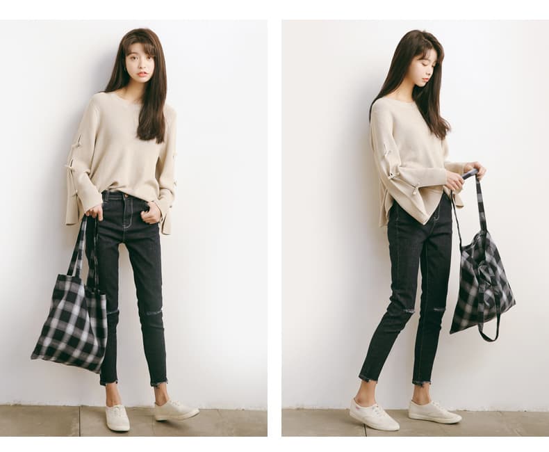 ブルベ夏/ブルベ冬服 袖リボン装飾ゆったりニット