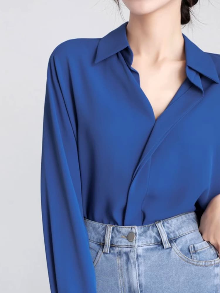 ブルベ冬服　上品なとろみ素材の長袖開襟シャツ