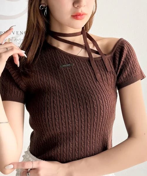 ブルベ夏/ブルベ冬服 リボンネックケーブル編みニット