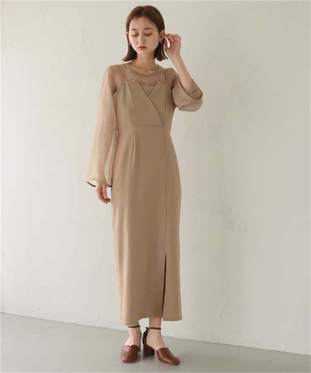 ブルベ夏服 シアー袖レイヤードロングワンピース