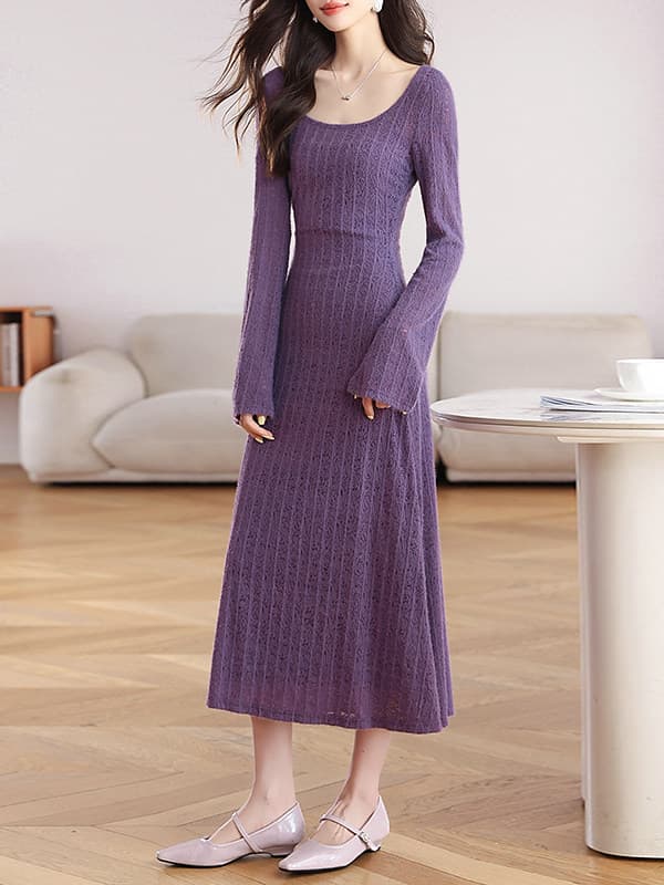 ブルベ冬服　ケーブル編みニット長袖ミディ丈ワンピース