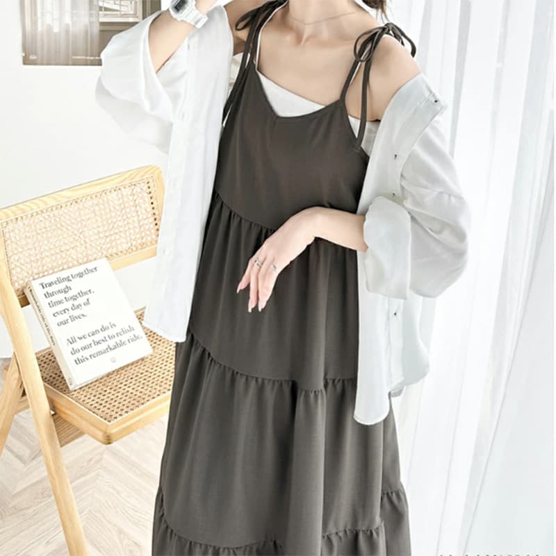 ブルベ夏/ブルベ冬服　肩リボン付きティアードキャミソールワンピース