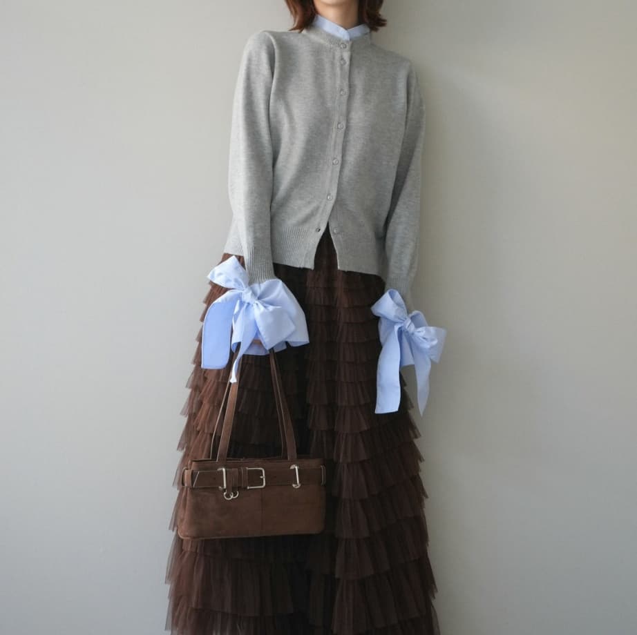 ブルベ夏/ブルベ冬服　リボン切り替えニットカーディガン重ね着風