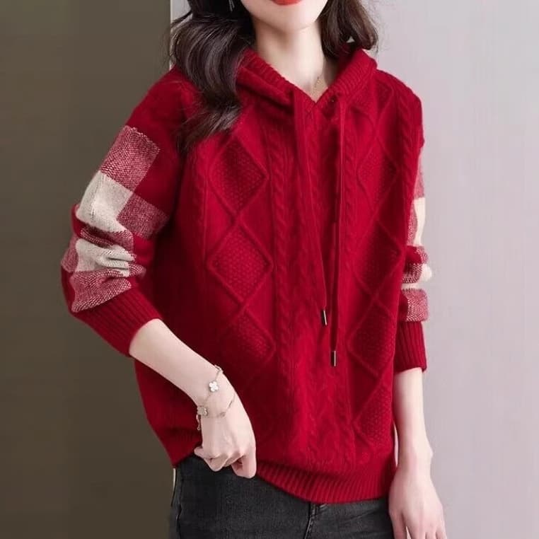 ブルベ夏/ブルベ冬服　立体ケーブル編みフード付き切替袖ニットパーカー