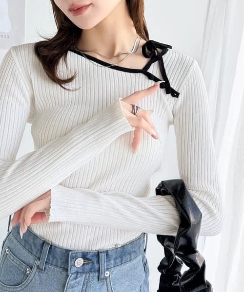 ブルベ夏/ブルベ冬服 リボン結び細リブ柔らかニット