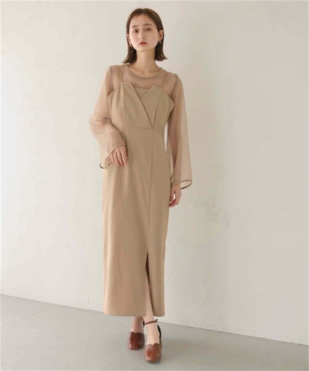 ブルベ夏服 シアー袖レイヤードロングワンピース