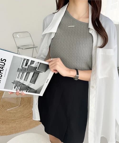 ブルベ夏/ブルベ冬服 リボンネックケーブル編みニット