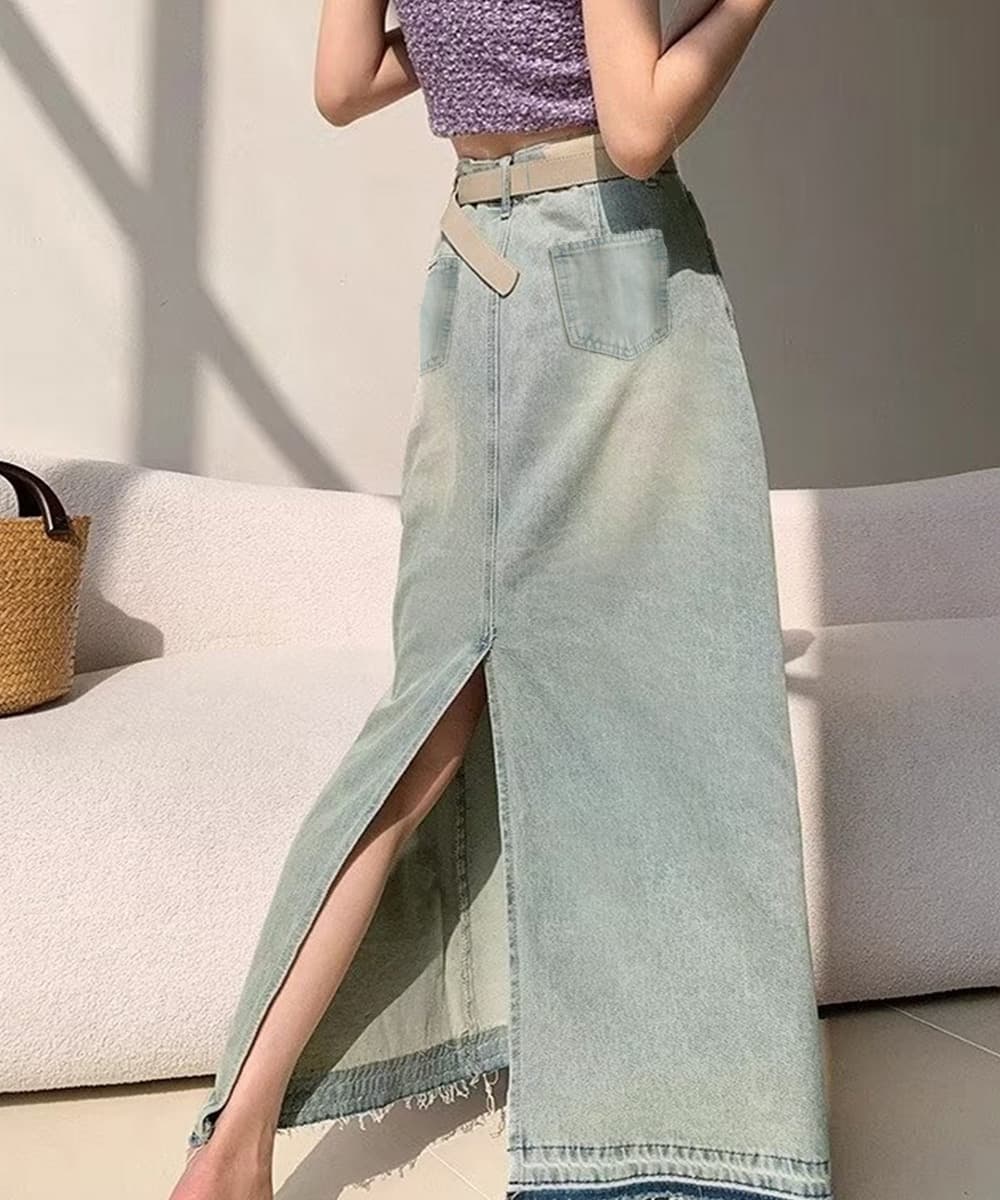 ブルベ夏/ブルベ冬服  切りっぱなし裾フリンジ長丈デニムスカート 韓国風