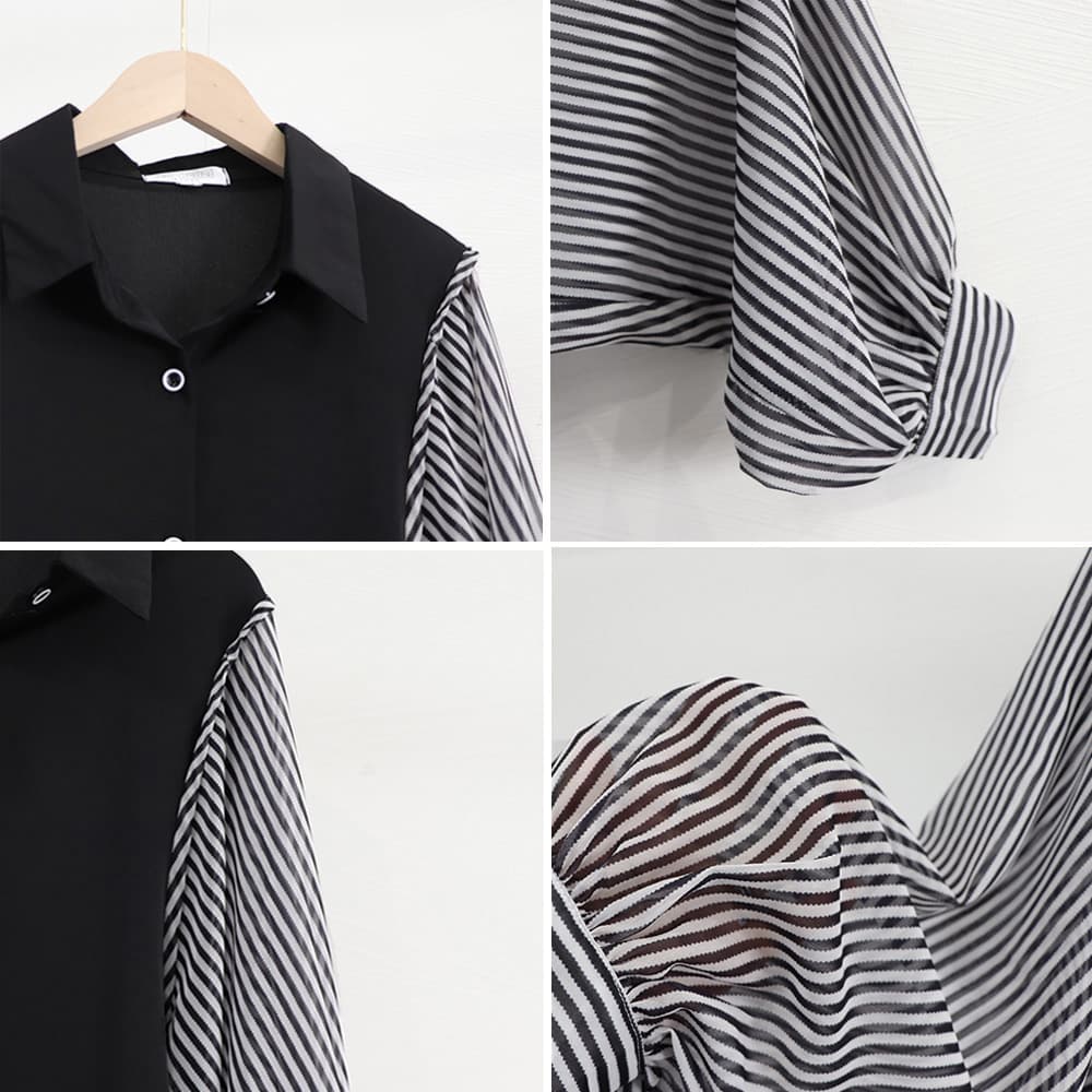 ブルベ冬服 ストライプ袖切り替えシャツブラウス 長袖