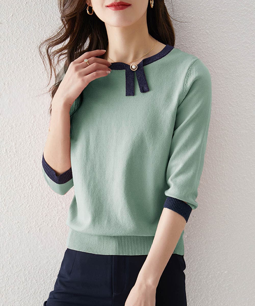 ブルベ夏/ブルベ冬服 配色リボン付き七分袖ニット