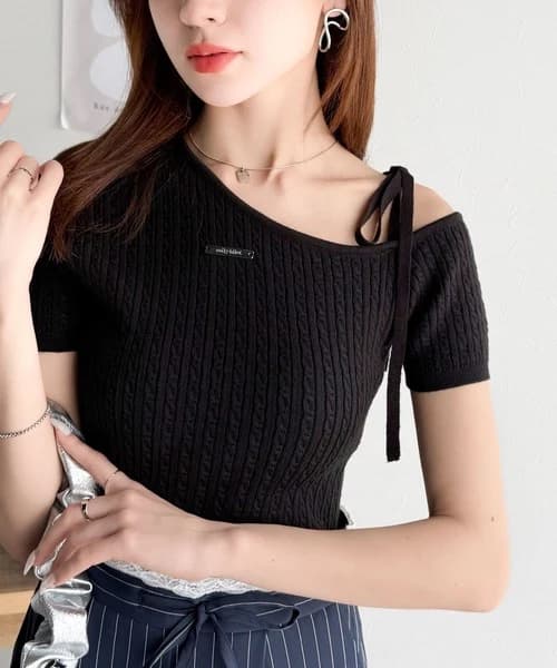 ブルベ夏/ブルベ冬服 リボンネックケーブル編みニット