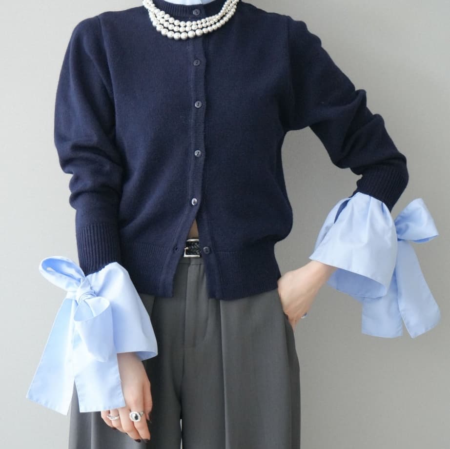 ブルベ夏/ブルベ冬服　リボン切り替えニットカーディガン重ね着風