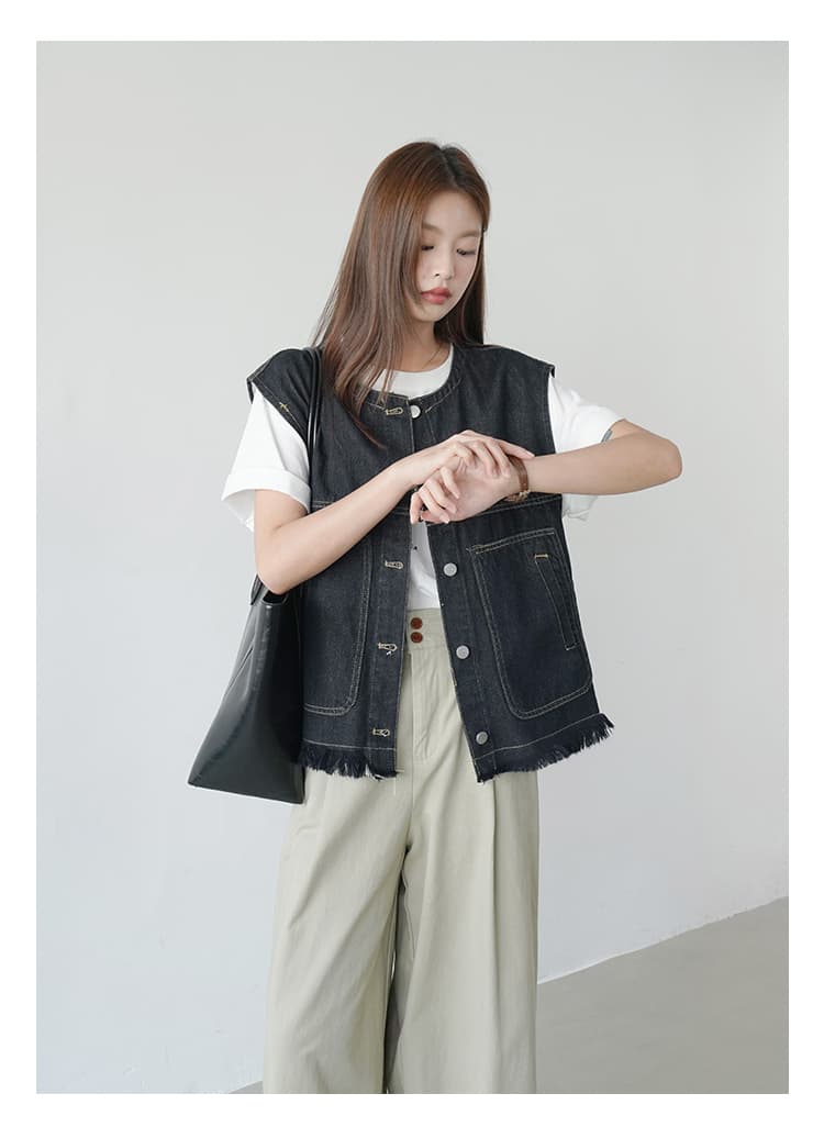 ブルベ冬服 断ち切りフリンジ デニムベスト