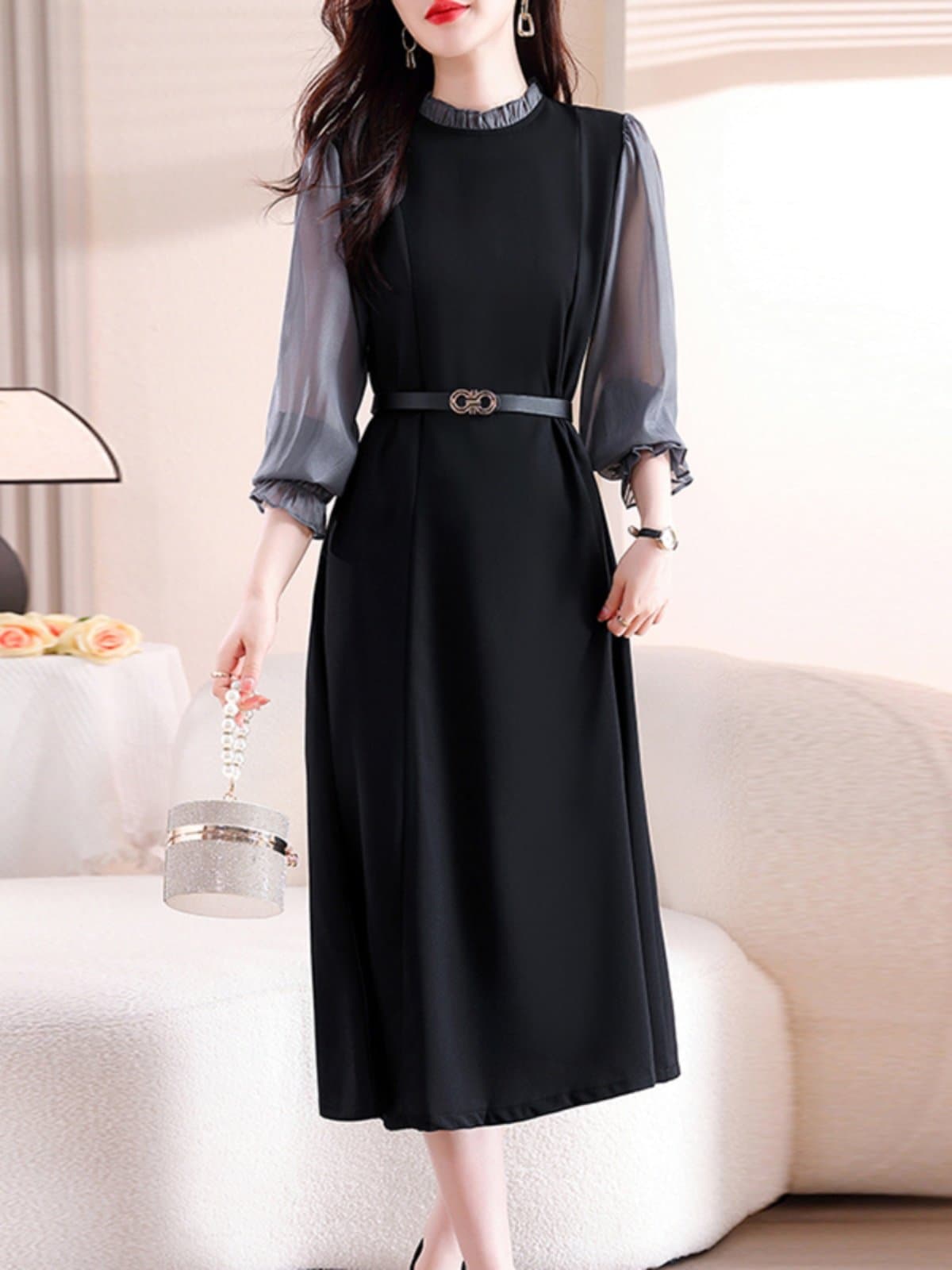 ブルベ冬服　透け感袖シアーフリル襟付きベルト付きワンピース