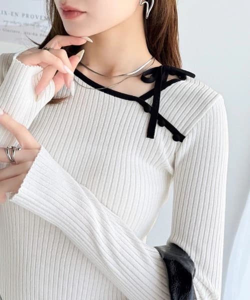 ブルベ夏/ブルベ冬服 リボン結び細リブ柔らかニット