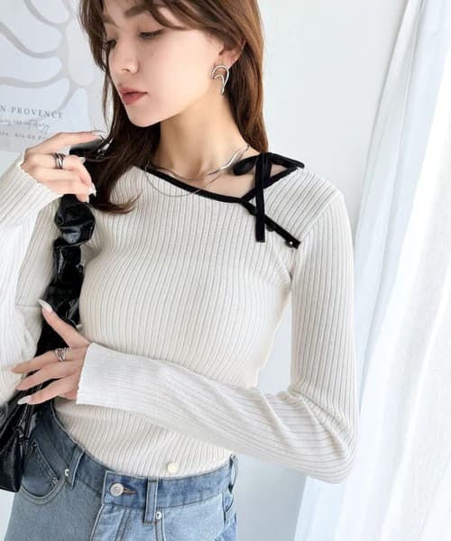 ブルベ夏/ブルベ冬服 リボン結び細リブ柔らかニット