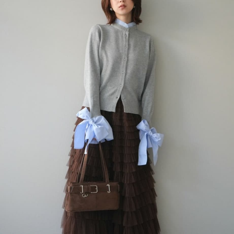 ブルベ夏/ブルベ冬服　リボン切り替えニットカーディガン重ね着風