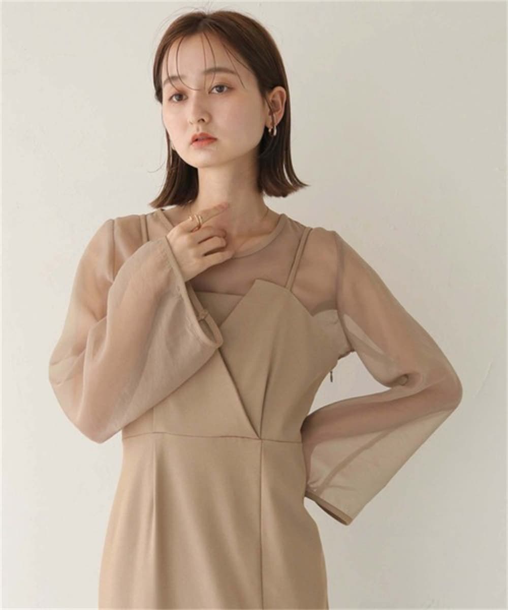 ブルベ夏服 シアー袖レイヤードロングワンピース