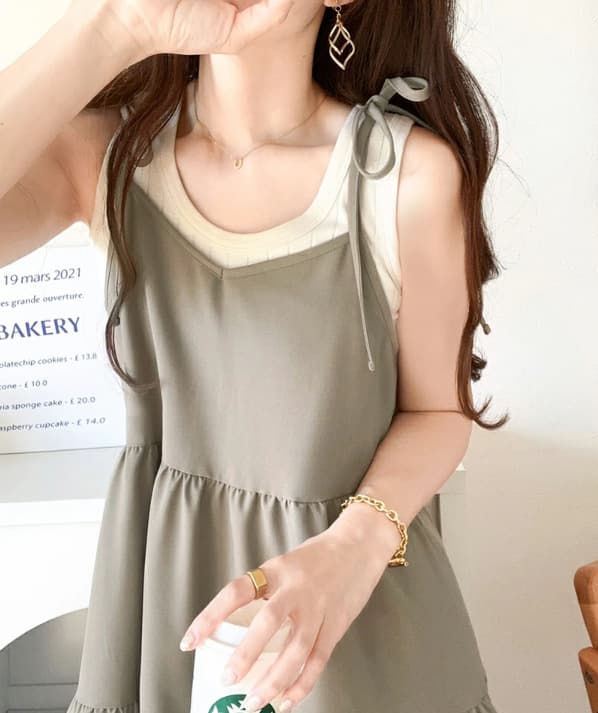 ブルベ夏/ブルベ冬服　肩リボン付きティアードキャミソールワンピース